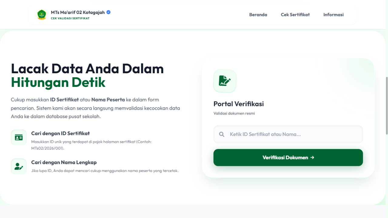 Sistem Verifikasi Sertifikat Digital – MTs Ma'arif 02 Kotagajah
